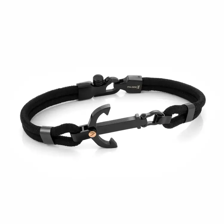 ITALGEM BLACK-ROSE-IP S.STEEL ANCHOR BLACK-CORD 8.25''-BRACELET