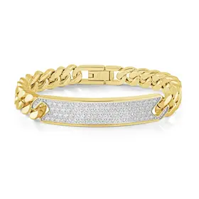 ITALGEM GOLD-IP-S.STEEL BEVEL-EDGE WCZ-ID-PLATE CURB-LINK 8''+0.5''-BRACELET