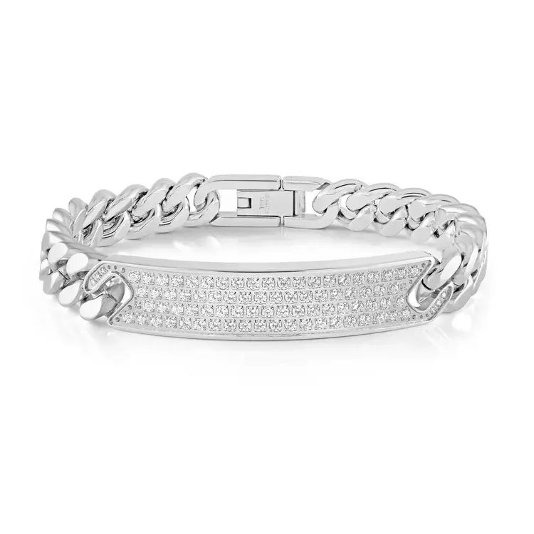 ITALGEM STAINLESS STEEL BEVEL EDGE WITH CUBIC ZIRCONIA ID PLATE CURB LINK 8''+0.5''-BRACELET