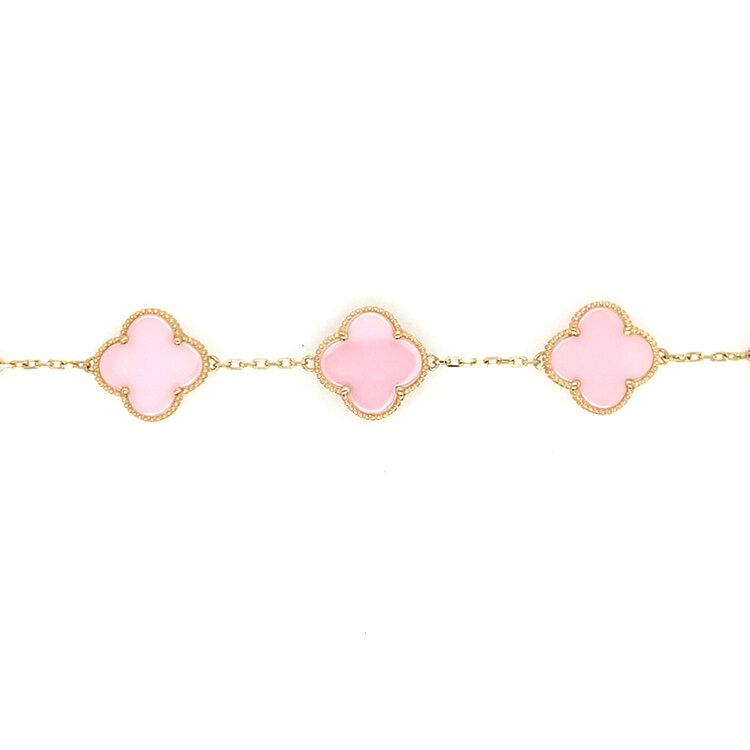 20391 14K YELLOW GOLD PINK 5 CLOVER 13MM BRACELET