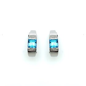 31395 14K WHITE GOLD DIAMOND BLUE TOPAZ OMEGA CLASP EARRINGS