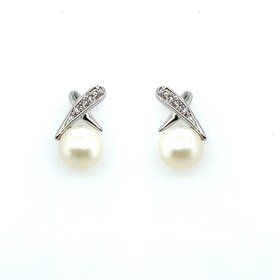 31396 14K WHITE GOLD .08CT DIAMOND X PEARL STUDS