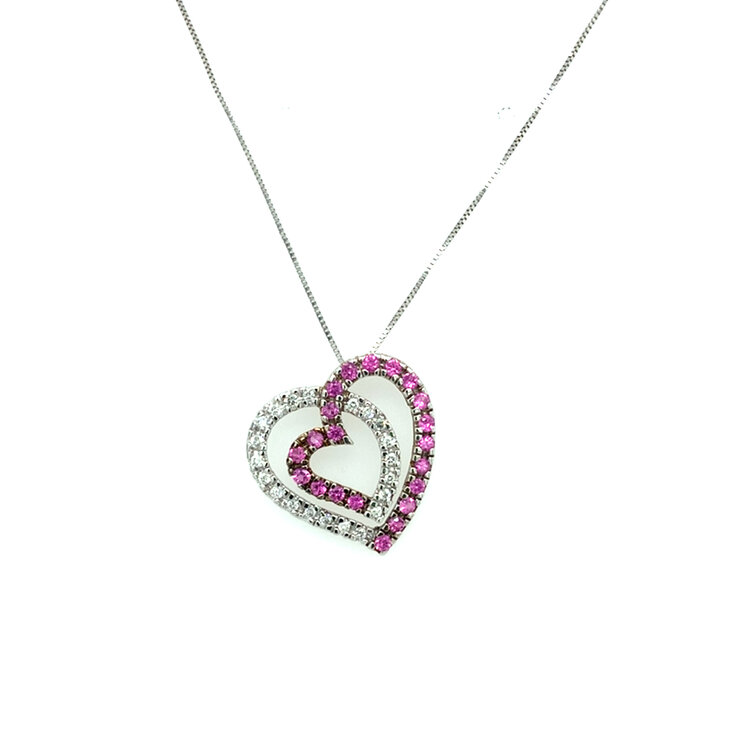 70546 14K WHITE GOLD .20CT DIAMOND AND .40CT PINK SAPPHIRE  SWIRL HEART PENDANT SET