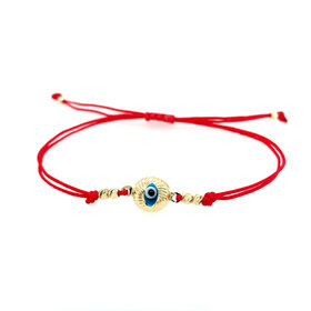 20395 14K YELLOW GOLD DIAMOND CUT ROUND EVIL EYE ADJUSTABLE RED STRING LADIES BRACELET