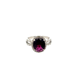 40424 14K WHITE GOLD .08CT DIAMOND HALO OVAL RHODOLITE GARNET CHECKERBOARD CUT RING