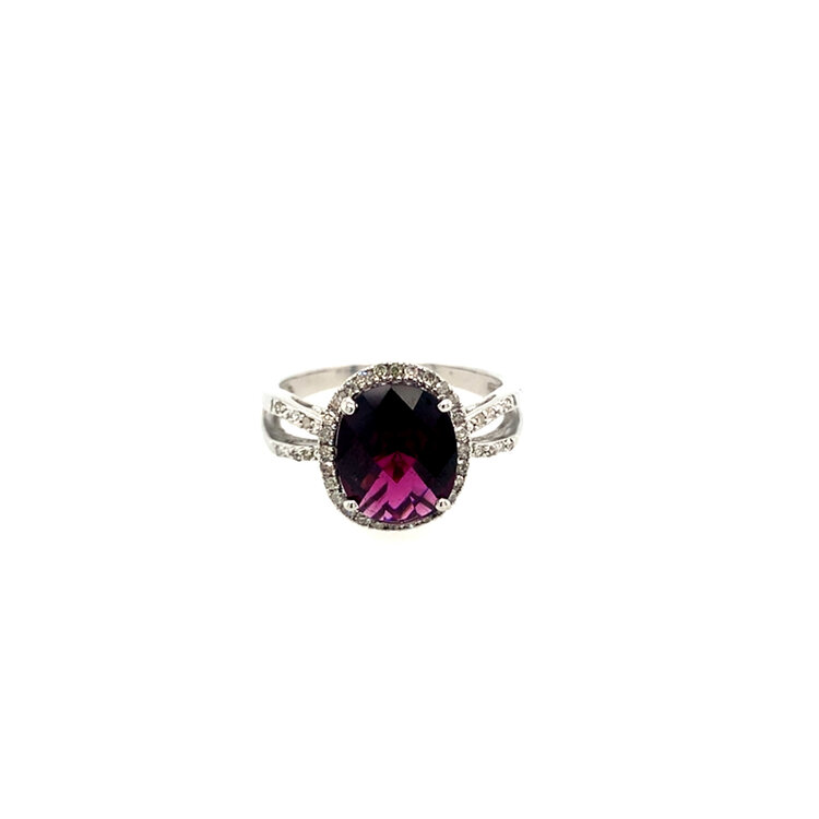 40424 14K WHITE GOLD .08CT DIAMOND HALO OVAL RHODOLITE GARNET CHECKERBOARD CUT RING