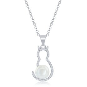K-8715 Sterling Silver Cubic Zirconia Cat with Round Pearl Pendant