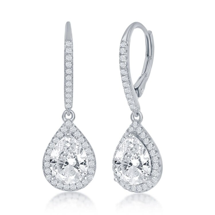 D-7493 Sterling Silver Pear shaped Halo Dangling Earrings