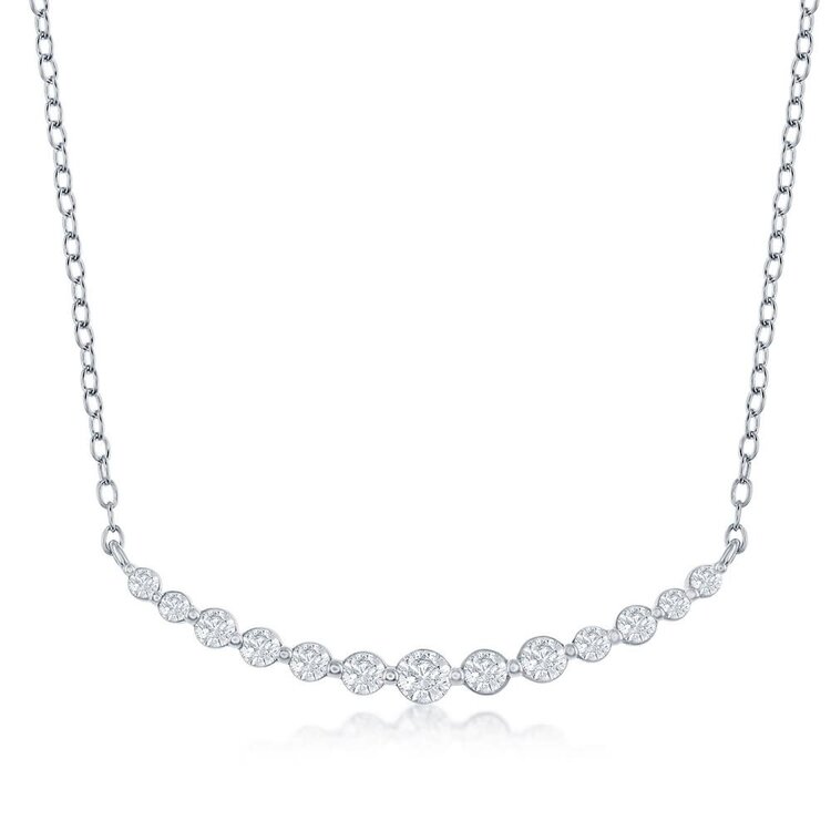 M-6641 Sterling Silver Graduating Round Cubic Zirconia Curved Bar Necklace