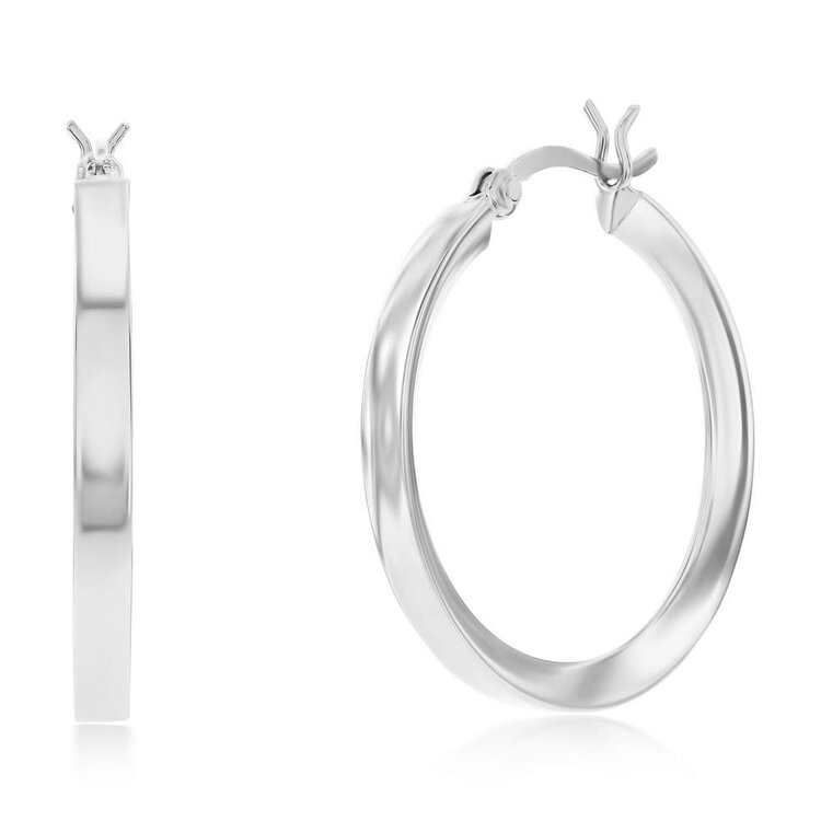 A-2742 S/S FANCY FLAT HOOP EARRINGS- RHODIUM PLATED