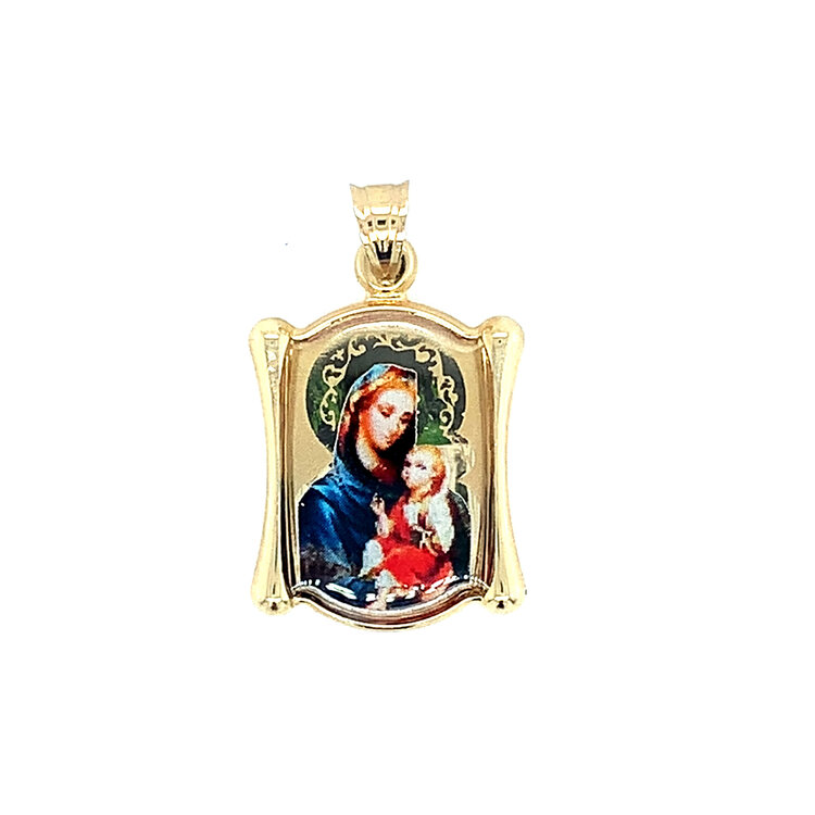77357 14K YELLOW GOLD COLORED MADONNA AND CHILD SCROLLED CHARM 1''