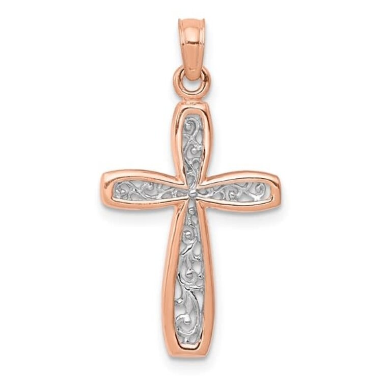77620 14K 2 TONE ROSE AND WHITE GOLD FILIGREE CROSS