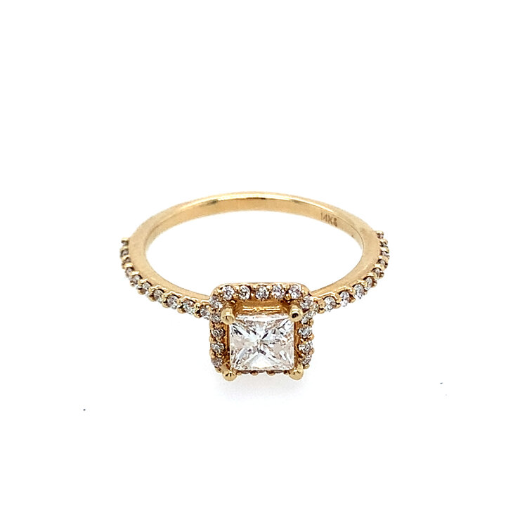 475303 14K YELLOW GOLD .90TCW PRINCESS CUT CENTER HALO DIAMOND BAND ENGAGEMENT RING
