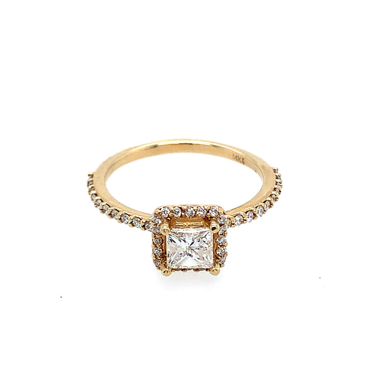 475303 14K YELLOW GOLD .90TCW PRINCESS CUT CENTER HALO DIAMOND BAND ENGAGEMENT RING