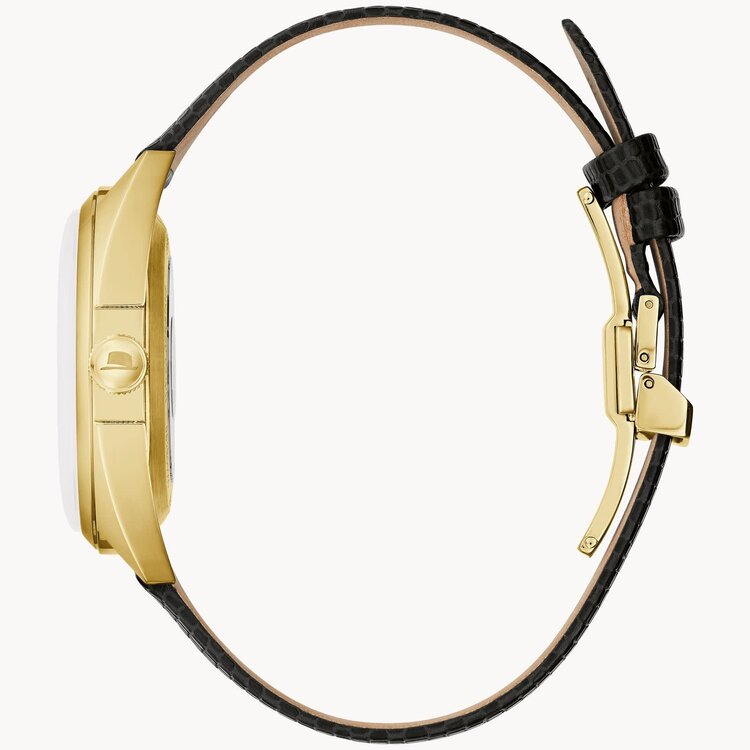 Bulova Frank Sinatra 'Fly Me To The Moon' Black Leather Strap Watch 39mm gold tone case winding watch