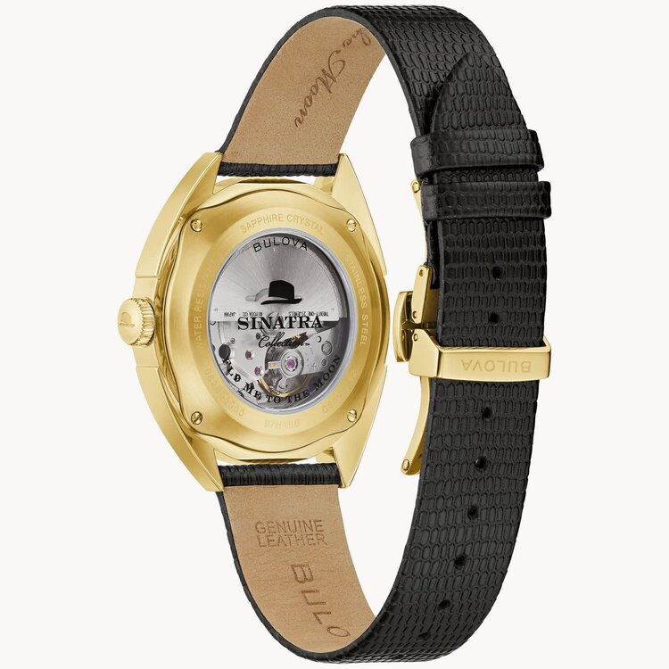 Bulova Frank Sinatra 'Fly Me To The Moon' Black Leather Strap Watch 39mm gold tone case winding watch