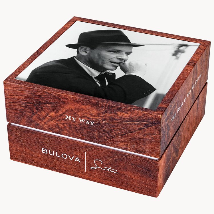 Bulova Frank Sinatra 'Fly Me To The Moon' Black Leather Strap Watch 39mm gold tone case winding watch