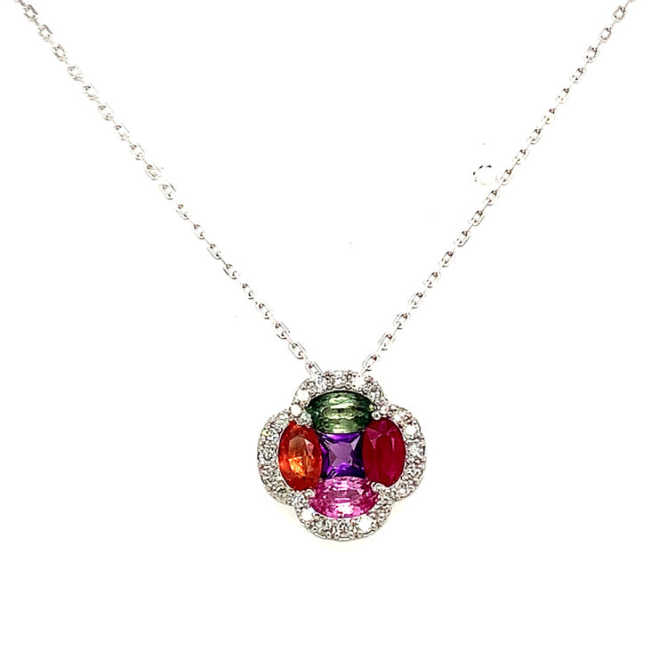 70560 14K WHITE GOLD .20TCW DIAMOND FLORAL MULTI GEMSTONE PENDANT SET