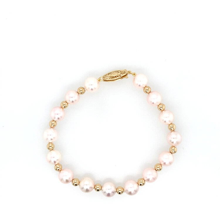 20405 7" CULTURED PEARL (7.6MM) WITH 14K YELLOW GOLD ALTERNATING  BALLS BRACELET