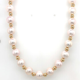 60193 17" CULTURED PEARLS (7.6MM) WITH 14K YELLOW GOLD ALTERNATING BALL NECKLACE