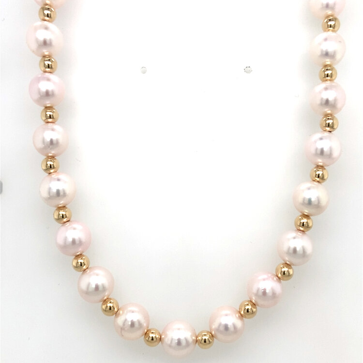 60193 17" CULTURED PEARLS (7.6MM) WITH 14K YELLOW GOLD ALTERNATING BALL NECKLACE