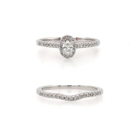 475424 10K WHITE GOLD .45TCW OVAL HALO WITH ROSE GOLD DETAIL ENGAGEMENT RING WITH DIAMOND MATCHING BAND BRIDAL SET