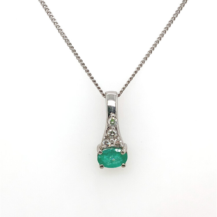 70561 14K WHITE GOLD OVAL SIDEWAY EMERALD .10CT DIAMOND PENDANT SET