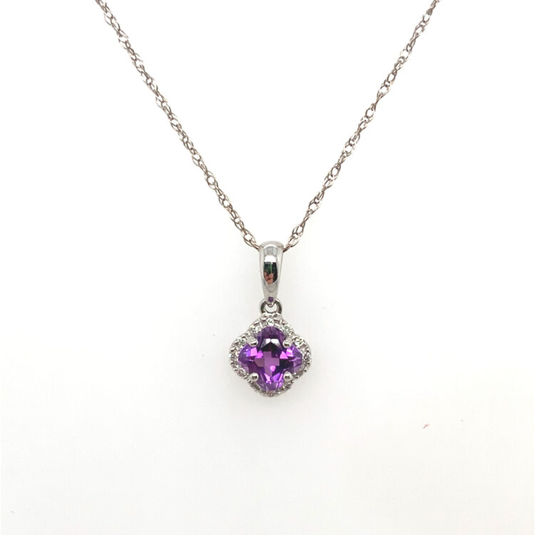 70567 14K WHITE GOLD .005TCW DIAMOND AMETHYST CLOVER PENDANT SET