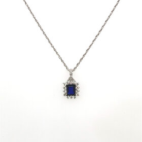 70566 14K WHITE GOLD .08TCW DIAMOND HALO EMERALD CUT SAPPHIRE  PENDANT SET
