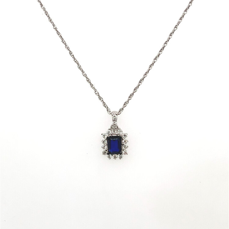 70566 14K WHITE GOLD .08TCW DIAMOND HALO EMERALD CUT SAPPHIRE  PENDANT SET
