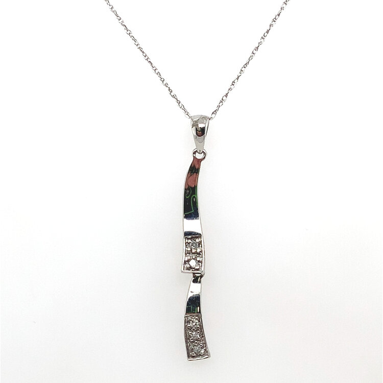 70571 14K WHITE GOLD DOUBLE HIGH POLISH WAVY .05CT DIAMOND DANGLING PANDENT SET