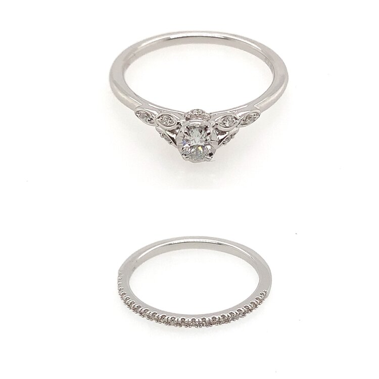 475426 10K WHITE GOLD .33TCW MIRACLE SET OVAL ENGAGEMENT RING WITH DIAMOND CURVED MATCHING BAND BRIDAL SET