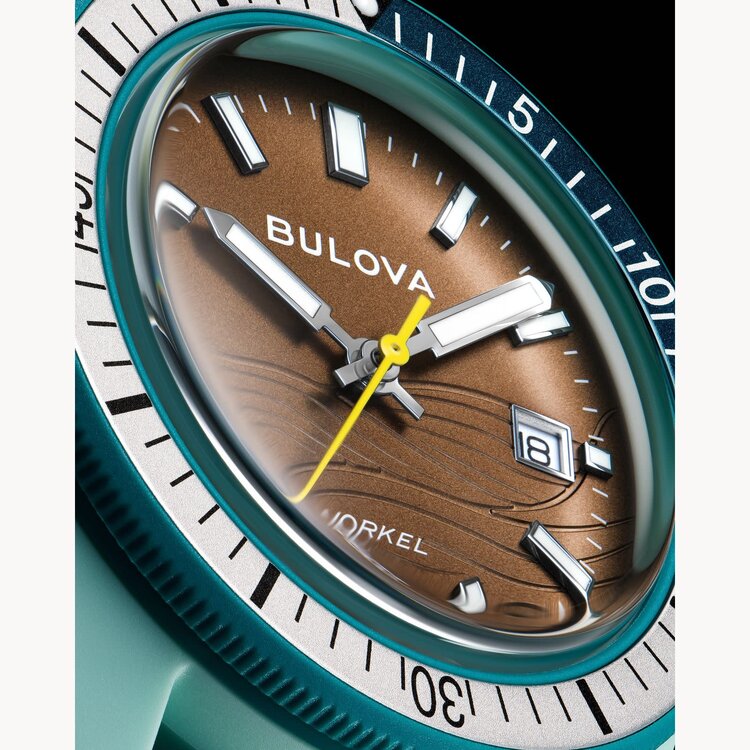 BULOVA SNORKEL WAVE PATTERN BROWN DIAL HNBR RUBBER GREEN STRAP WATCH