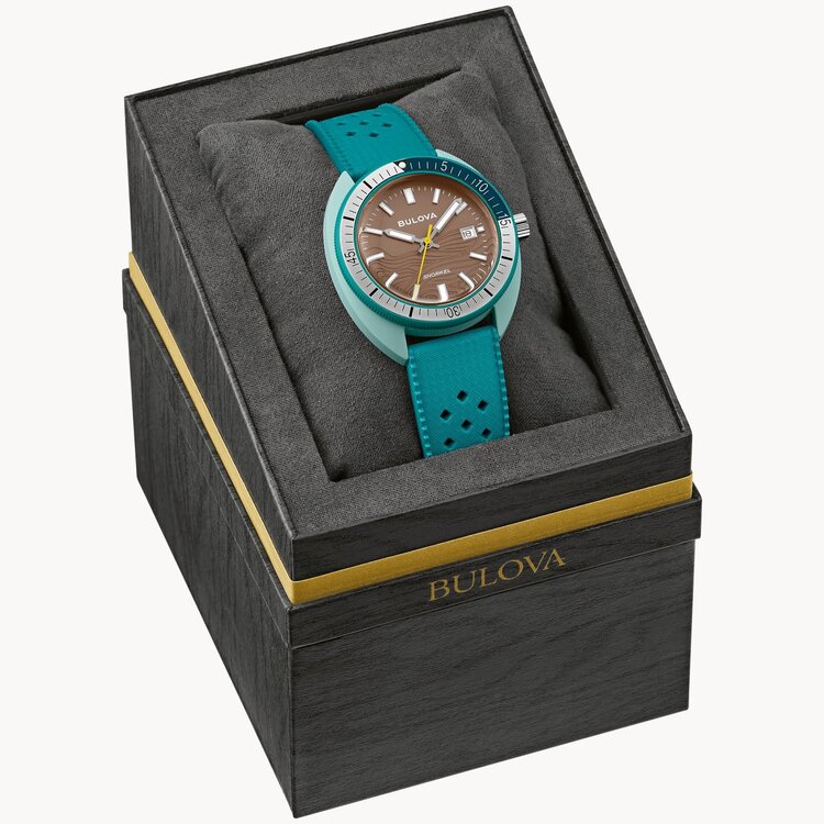 BULOVA SNORKEL WAVE PATTERN BROWN DIAL HNBR RUBBER GREEN STRAP WATCH