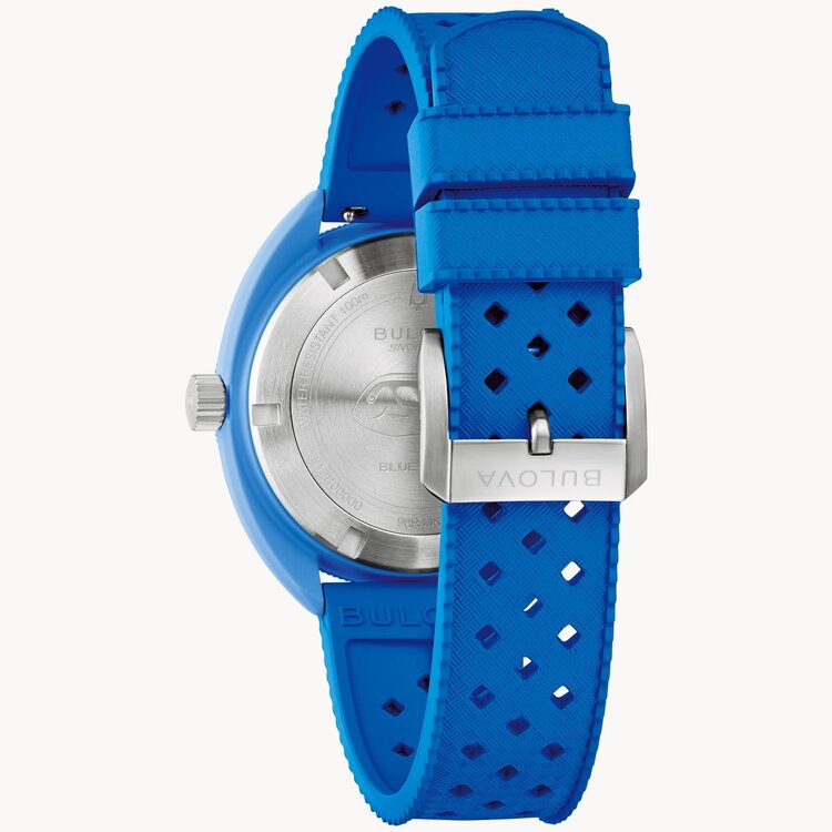 BULOVA SNORKEL WAVE PATTERN BLUE DIAL AND HNBR RUBBER STRAP WATCH