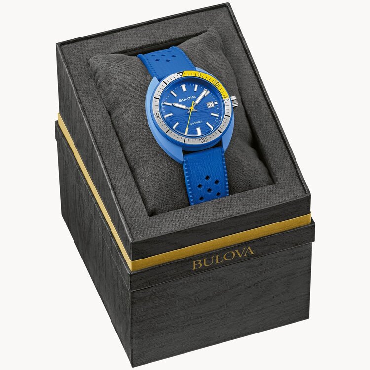 BULOVA SNORKEL WAVE PATTERN BLUE DIAL AND HNBR RUBBER STRAP WATCH