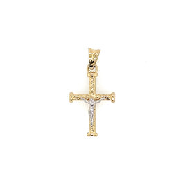 77361 14K TWO TONE 1.30'' HIGH POLISH TWISTED STYLE CRUCIFIX