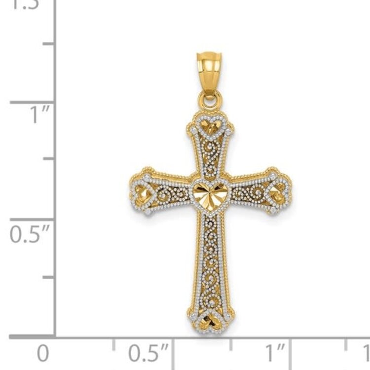 77261 14K 2TONE HEART EDGE AND CENTER FILIGREE CROSS