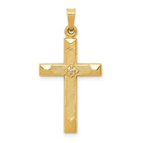 14K YELLOW GOLD TEXTURED CENTER DIAMOND CENTER HIGH POLISH CAP EDGES CROSS
