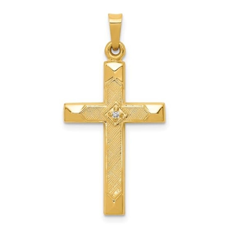 14K YELLOW GOLD TEXTURED CENTER DIAMOND CENTER HIGH POLISH CAP EDGES CROSS