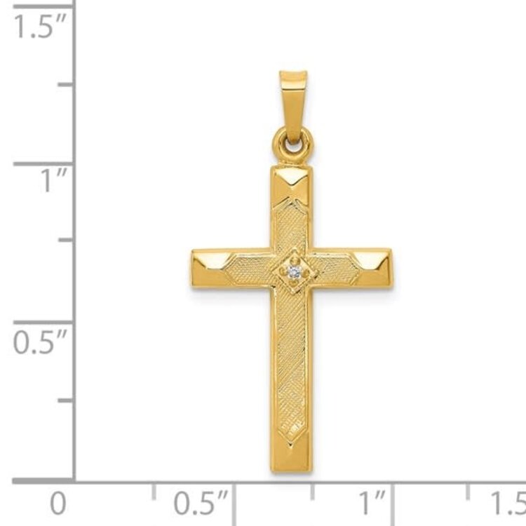 14K YELLOW GOLD TEXTURED CENTER DIAMOND CENTER HIGH POLISH CAP EDGES CROSS