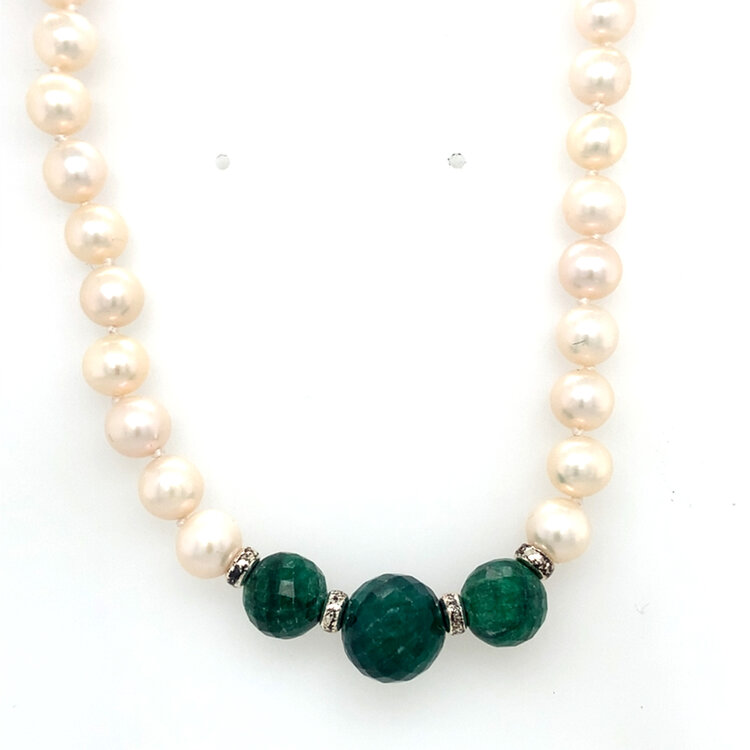 60197 17" CULTURED PEARL WITH GREEN AVENTURINE QUARTZ NECKLACE