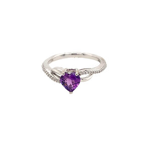 40081 10K WHITE GOLD HEART SHAPE AMETHYST .10TCW DIAMOND INFINITY SWIRL RING