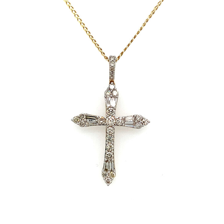 70578 14K TWO TONE 1CT BAGUETTE AND ROUND DIAMOND CROSS SET