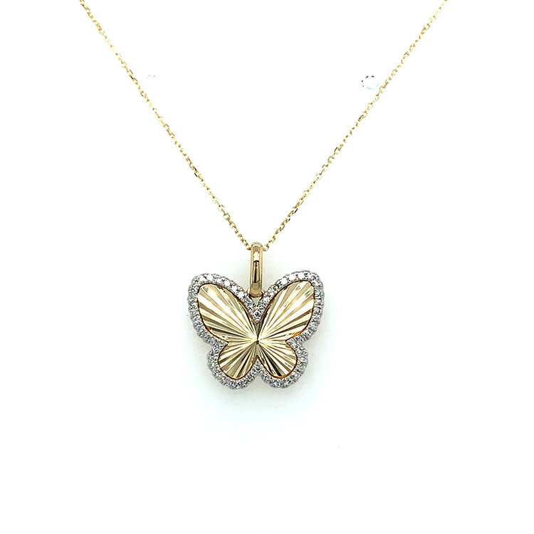 70577 14K YELLOW GOLD .14CT DIAMOND SUNBURST CENTER BUTTERFLY PENDANT SET