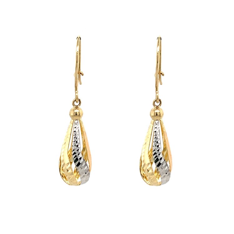 31435 14K TRI COLOR GOLD DIAMOND CUT SWIRL DROP HANGING EARRINGS