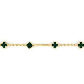 80136 STERLING SILVER GOLD PLATED MULTI MALACHITE CLOVER CURB LINK BRACELET WITH EXTENSION