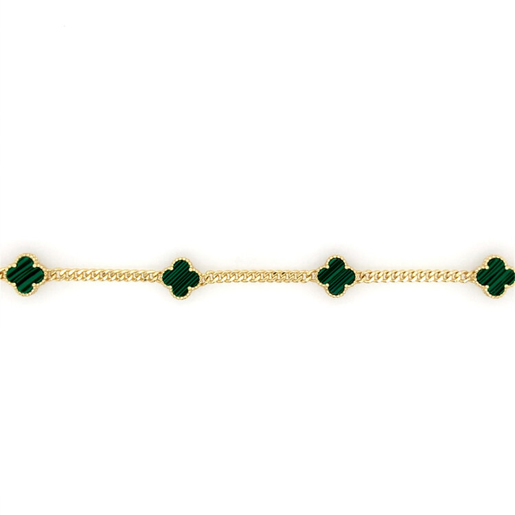 80136 STERLING SILVER GOLD PLATED MULTI MALACHITE CLOVER CURB LINK BRACELET WITH EXTENSION
