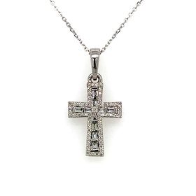 70588 14K WHITE GOLD .30CT ROUND DIAMOND HALO AND BAGUETTE CENTER SQUARE EDGES CROSS PENDANT SET