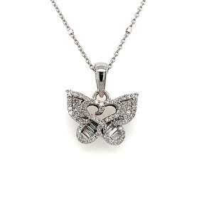 70582 14K WHITE GOLD .30CT ROUND AND BAGUETTE DIAMOND  CUT OUT HEART IN THE CENTER BUTTERFLY PENDANT SET